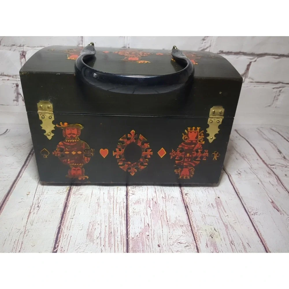 VTG 1960s 1970s Wooden Purse‎ Decoupage Face Cards Box Plastic  Handle